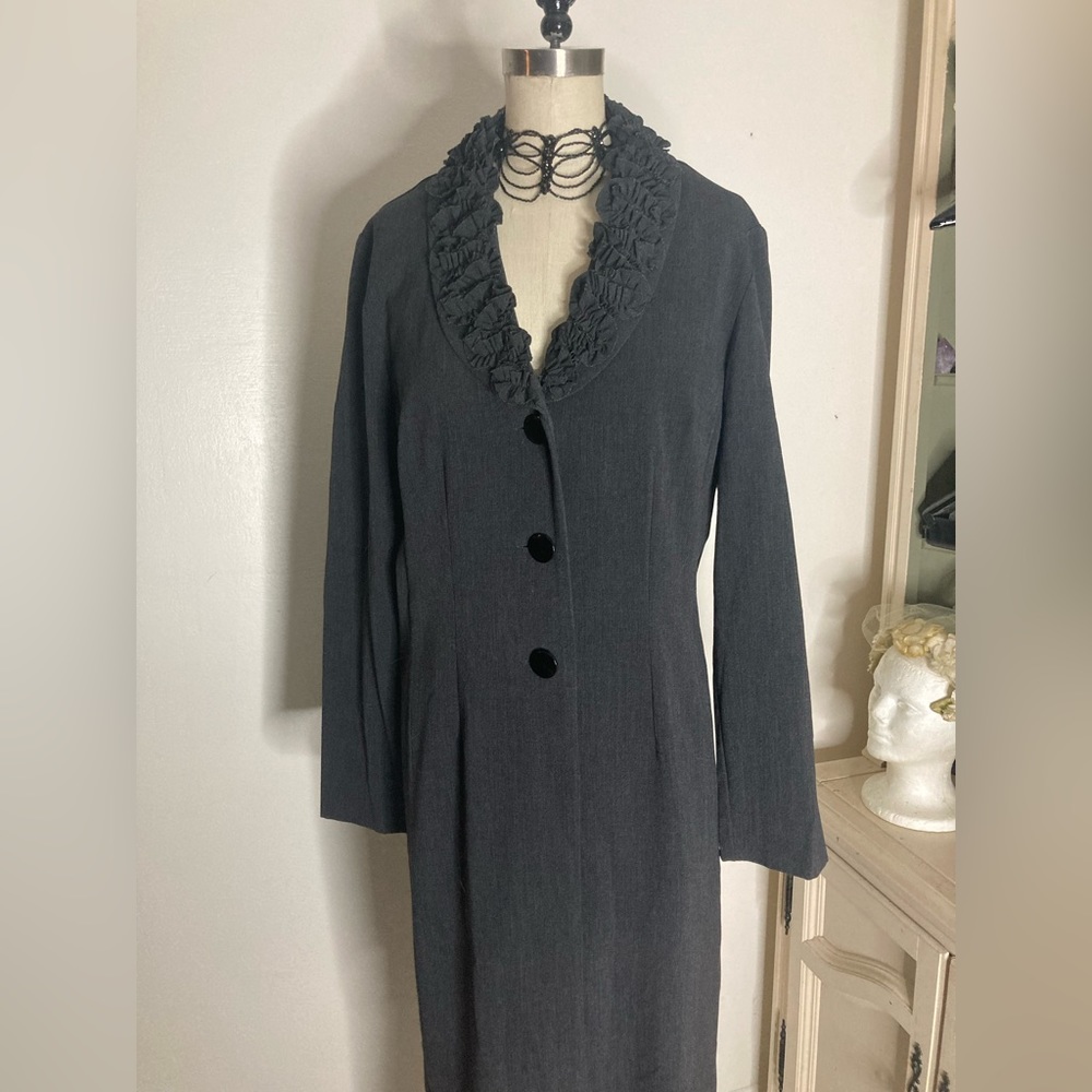 Vtg Ruffle Collar Maxi Coat Micro Denim Material